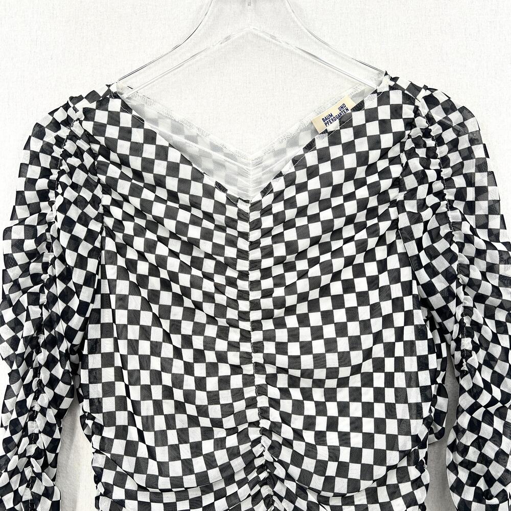 BAUM UND PFERDGARTEN Joselle Mesh Top Womens Medium Black White Check Stretch - Picture 7 of 16
